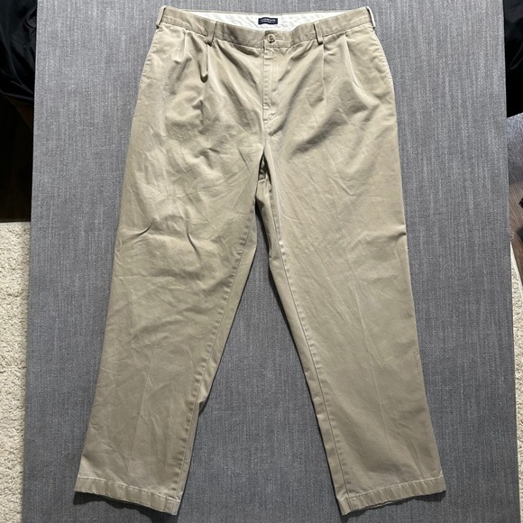 Lands End Mens 38x30 Traditional Fit Pleated Chino Pants Khaki Cotton Trousers - Picture 2 of 9